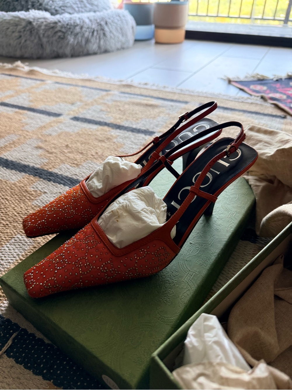 Gucci Orange Crystal-Studded Slingback Pumps - Picture 3 of 9